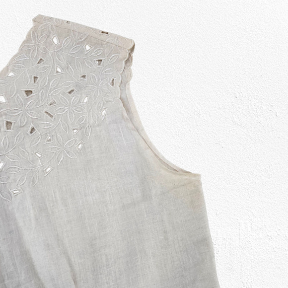 1990s Vintage White Linen Cotton Embroidered Eyelet Tank Top Blouse Size 16 - Picture 4 of 7